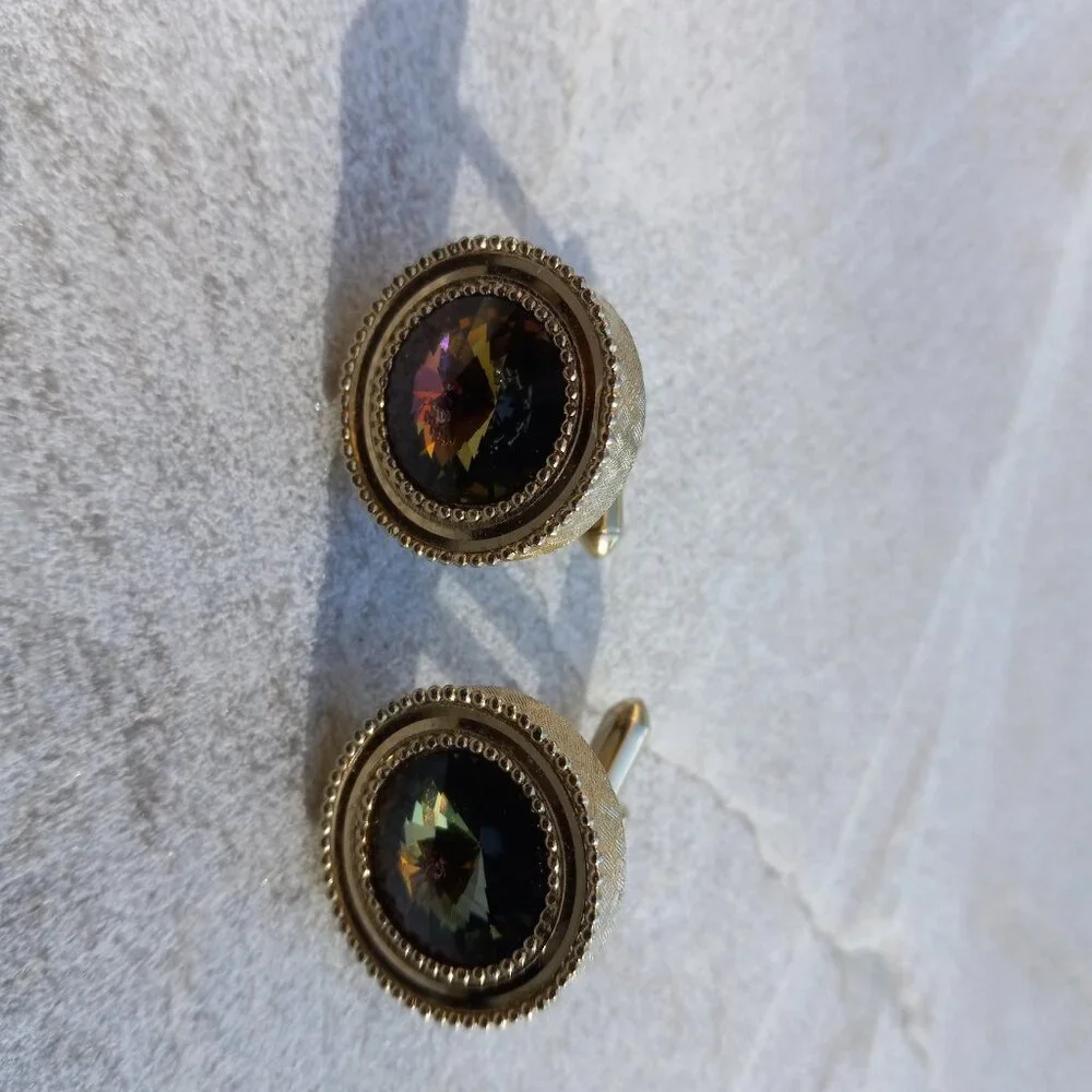 1960s MCM Swarovski Rivoli Crystal Gold Cufflinks Mad Men Style